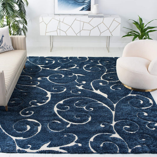 SAFAVIEH Florida Shag Collection Area Rug - 8'6" x 12', Dark Blue & Cream, Scroll Design, Non-Shedding & Easy Care, 1.2-inch Thick Ideal for High Traffic Areas in Living Room, Bedroom (SG455-6511)