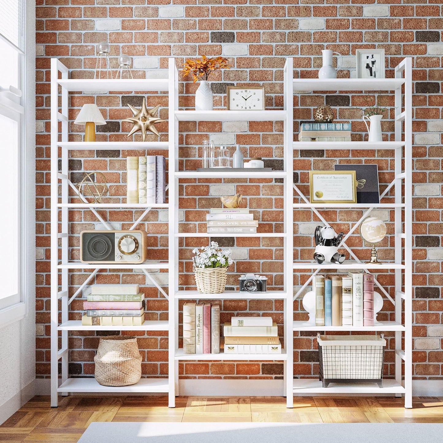 IRONCK Bookshelves 6 Tiers Triple Wide Industrial Bookshelf, Large Etagere Bookshelf Open Display Shelves with Metal Frame for Living Room Bedroom Home Office