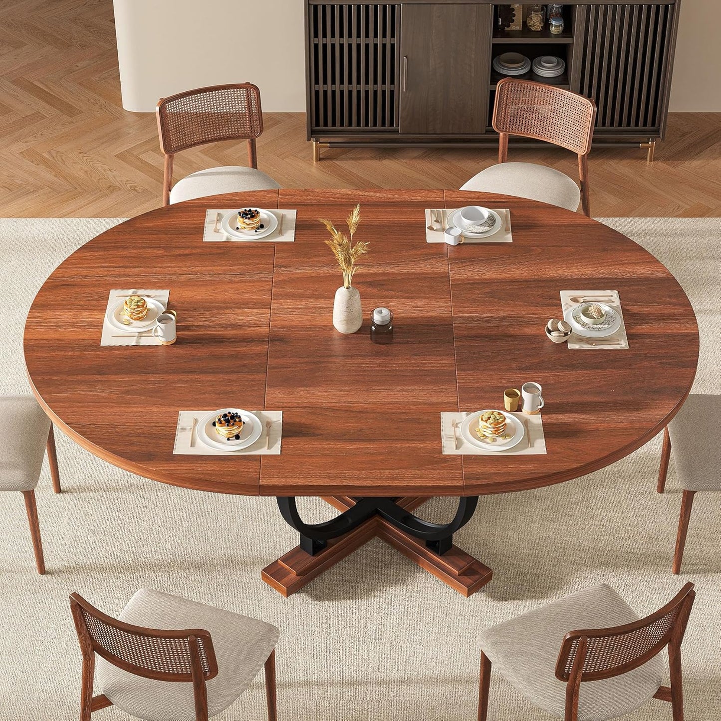 59" Round Extendable Dining Table for 4-6, Modern Oval Kitchen Table with Heavy Duty Curved Legs & Wood X-Based, MDF Board with Spring Buckle, Space Saving, Dining Kitchen Living Room, Walnut