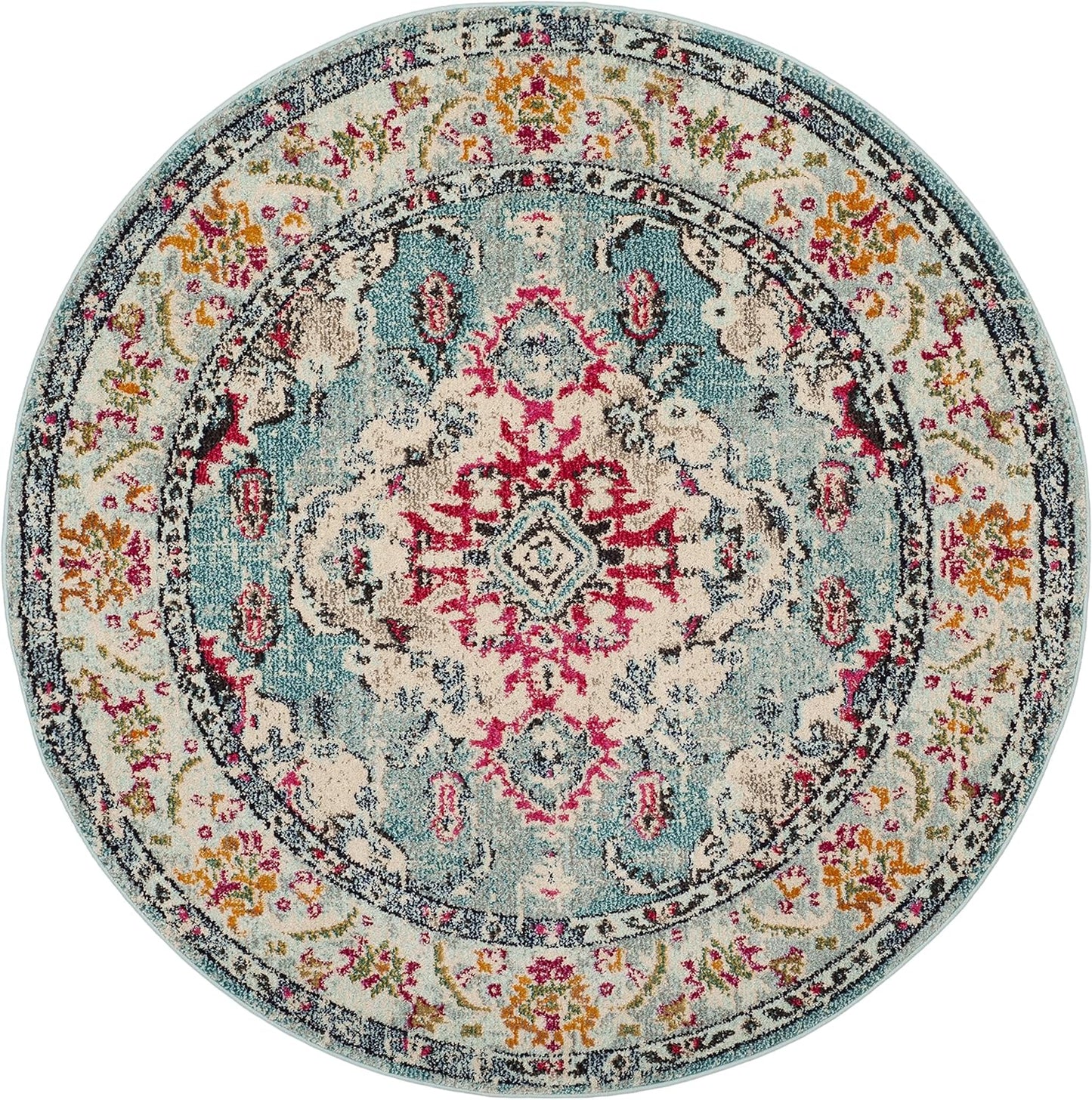 SAFAVIEH Monaco Collection Area Rug - 8'8" Round, Light Blue & Fuchsia, Boho Chic Medallion Distressed Design, Non-Shedding & Easy Care, Ideal for High Traffic Areas in Living Room, Bedroom (MNC243J)