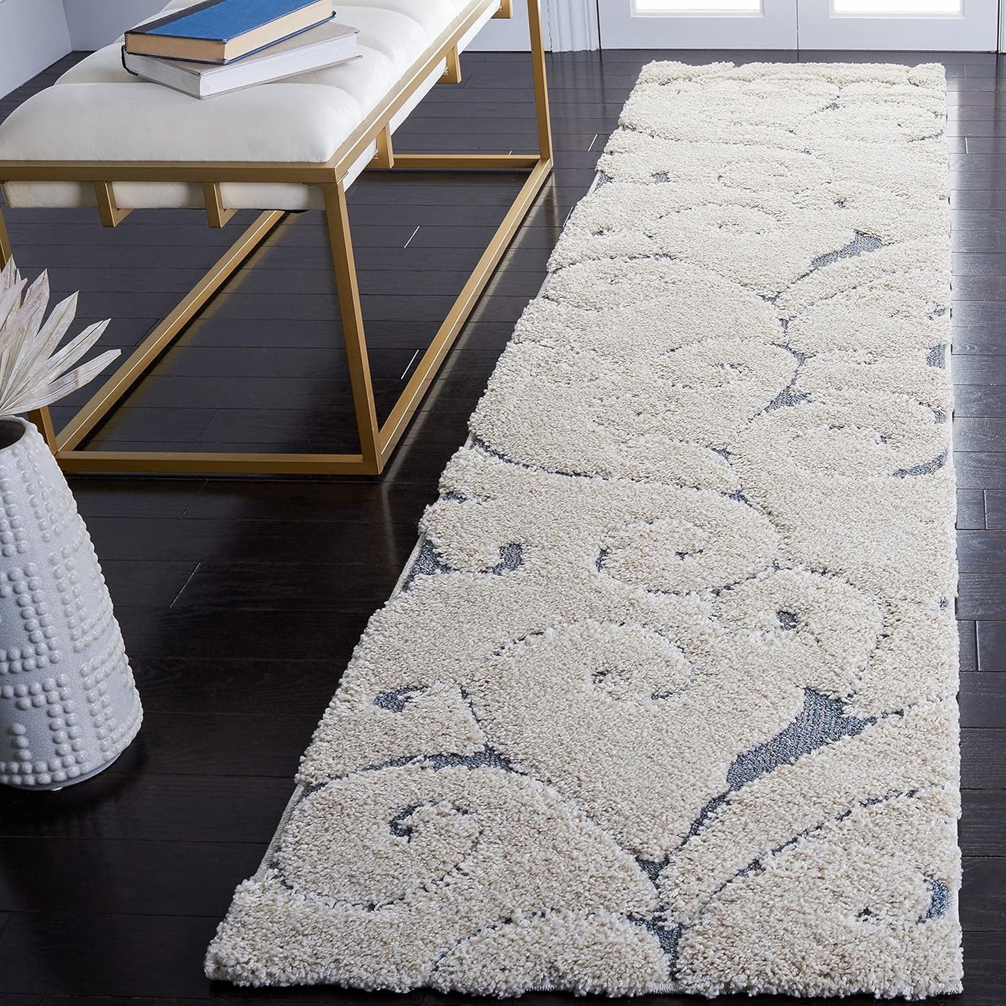 SAFAVIEH Florida Shag Collection Runner Rug - 2'3" x 9', Beige & Blue Grey, Scroll Design, Non-Shedding & Easy Care, 1.2-inch Thick Ideal for High Traffic Areas in Living Room, Bedroom (SG455-1155)
