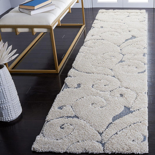 SAFAVIEH Florida Shag Collection Runner Rug - 2'3" x 9', Beige & Blue Grey, Scroll Design, Non-Shedding & Easy Care, 1.2-inch Thick Ideal for High Traffic Areas in Living Room, Bedroom (SG455-1155)