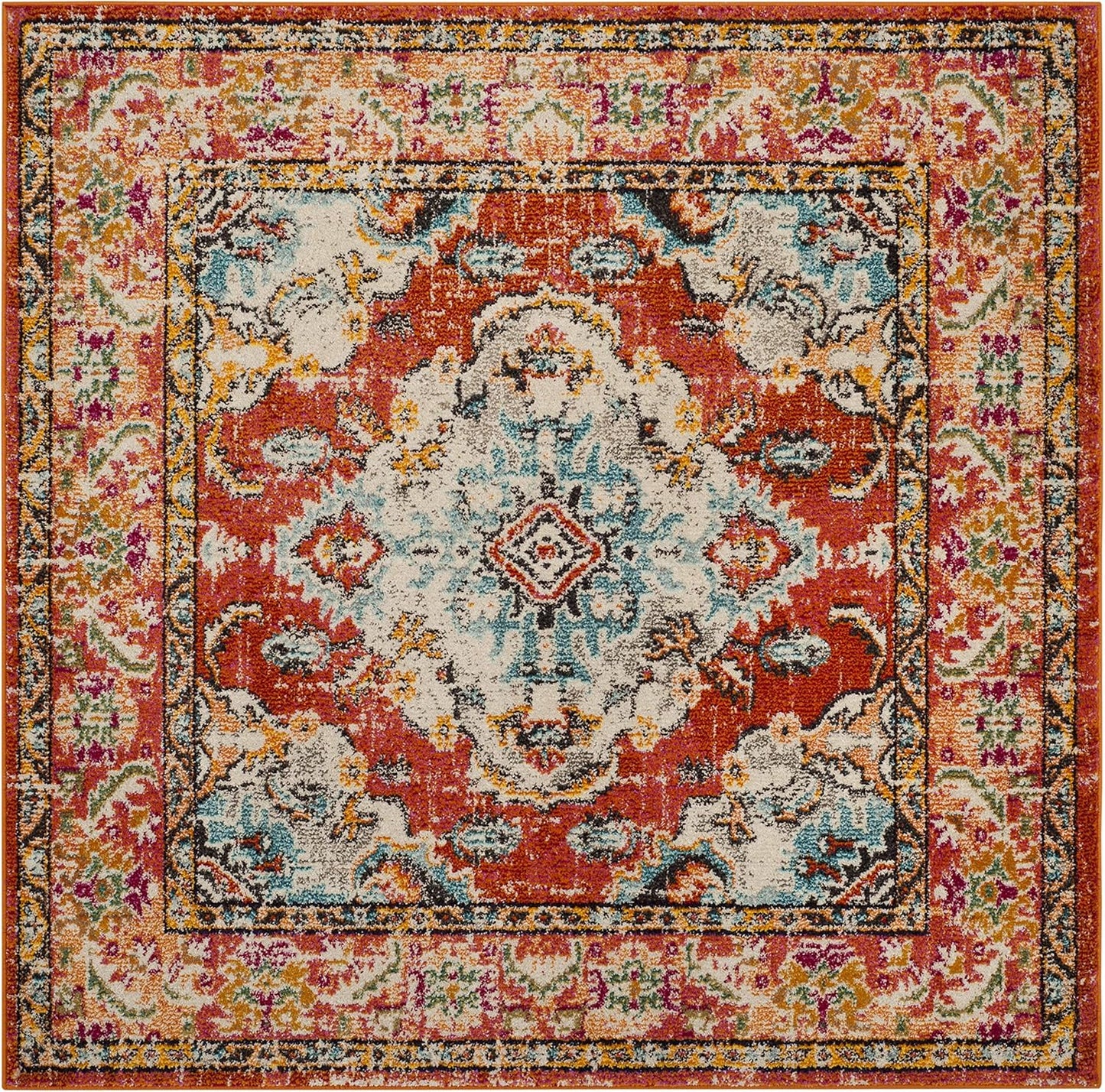 SAFAVIEH Monaco Collection Area Rug - 4' Square, Orange & Light Blue, Boho Chic Medallion Distressed Design, Non-Shedding & Easy Care, Ideal for High Traffic Areas in Living Room, Bedroom (MNC243H)