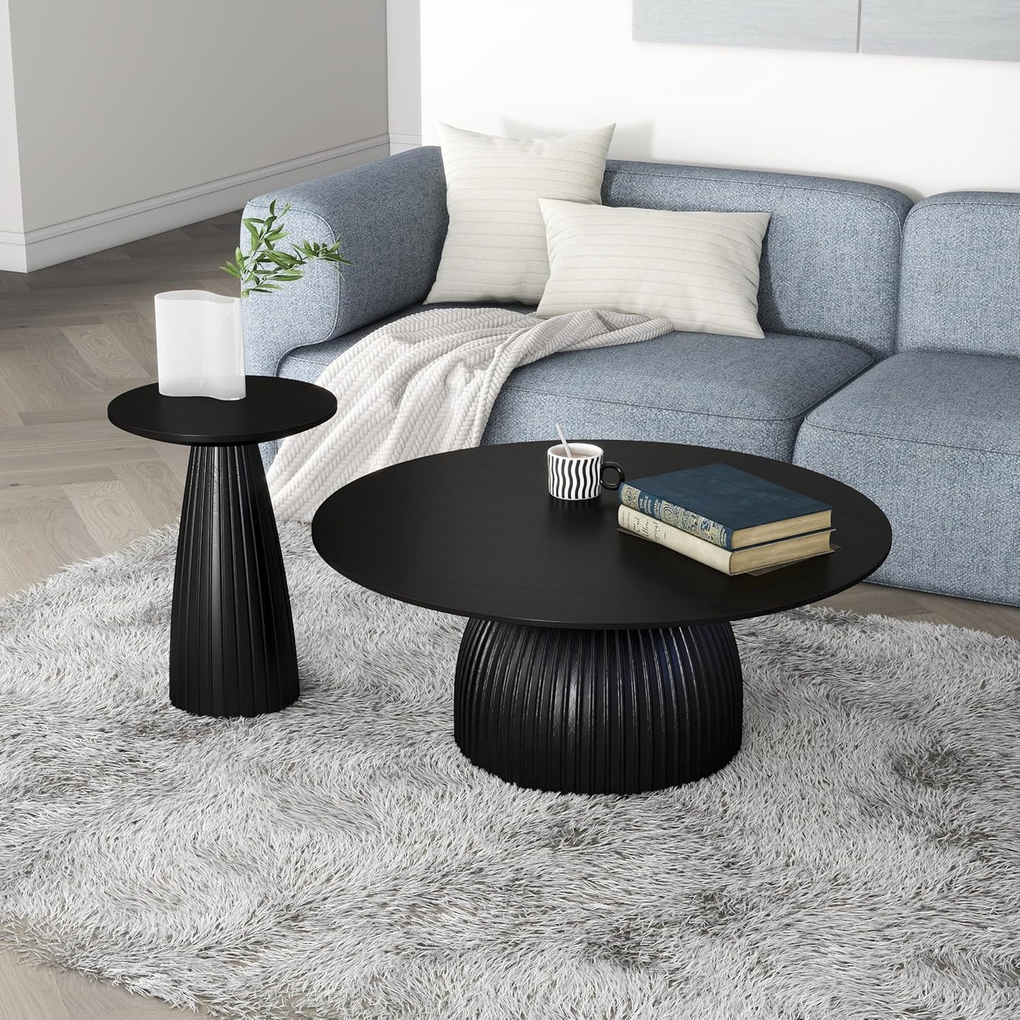Black Pedestal Side Table 14.56'' Dia, Modern Accent End Table, Fluted Base Design, Minimalist Drink Table for Small Space Living Room, Bedroom