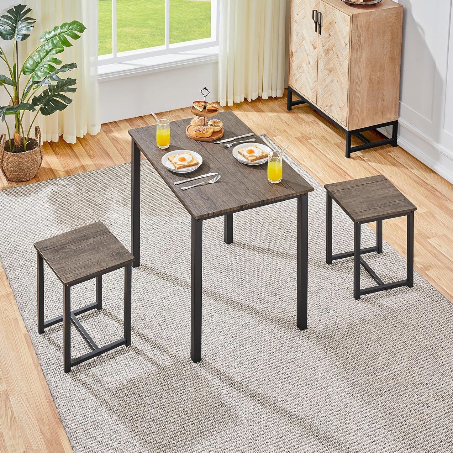 Yaheetech 3 Piece Dining Table Set - Kitchen Table & Chair Sets for 2 - Compact Table w/ 2 Stools & Space Saving Design for Dining Room Living Room Apartment Pub, Drift Brown