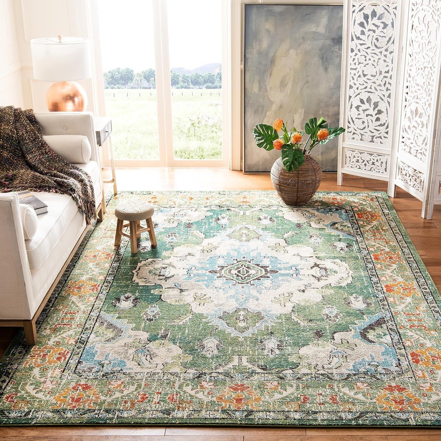 SAFAVIEH Monaco Collection X-Large Area Rug - 12' x 18', Forest Green & Light Blue, Medallion Distressed, Non-Shedding & Easy Care, Ideal for High Traffic Areas in Living Room, Bedroom (MNC243F)