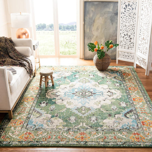 SAFAVIEH Monaco Collection X-Large Area Rug - 12' x 18', Forest Green & Light Blue, Medallion Distressed, Non-Shedding & Easy Care, Ideal for High Traffic Areas in Living Room, Bedroom (MNC243F)