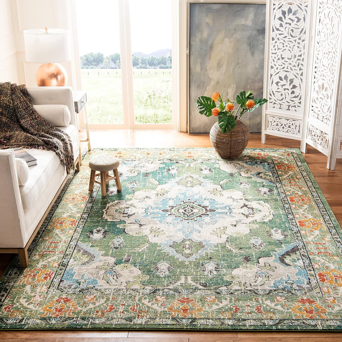 SAFAVIEH Monaco Collection X-Large Area Rug - 11' x 15', Forest Green & Light Blue, Medallion Distressed, Non-Shedding & Easy Care, Ideal for High Traffic Areas in Living Room, Bedroom (MNC243F)