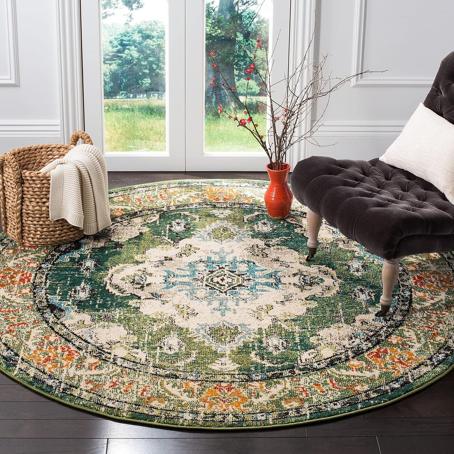SAFAVIEH Monaco Collection Area Rug - 6'7" Round, Forest Green & Light Blue, Medallion Distressed Design, Non-Shedding & Easy Care, Ideal for High Traffic Areas in Living Room, Bedroom (MNC243F)