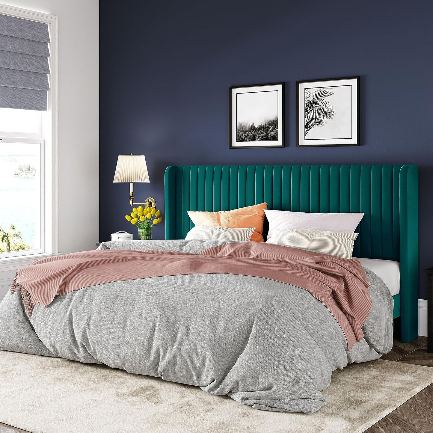 Allewie King Size Bed Frame/Velvet Upholstered Platform Bed/Vertical Channel Tufted Wingback Headboard/Strong Wooden Slats/No Box Spring Needed/Easy Assembly/Teal