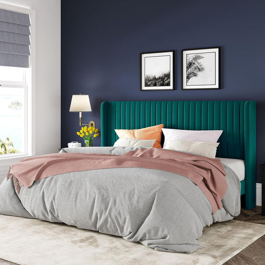 Allewie King Size Bed Frame/Velvet Upholstered Platform Bed/Vertical Channel Tufted Wingback Headboard/Strong Wooden Slats/No Box Spring Needed/Easy Assembly/Teal