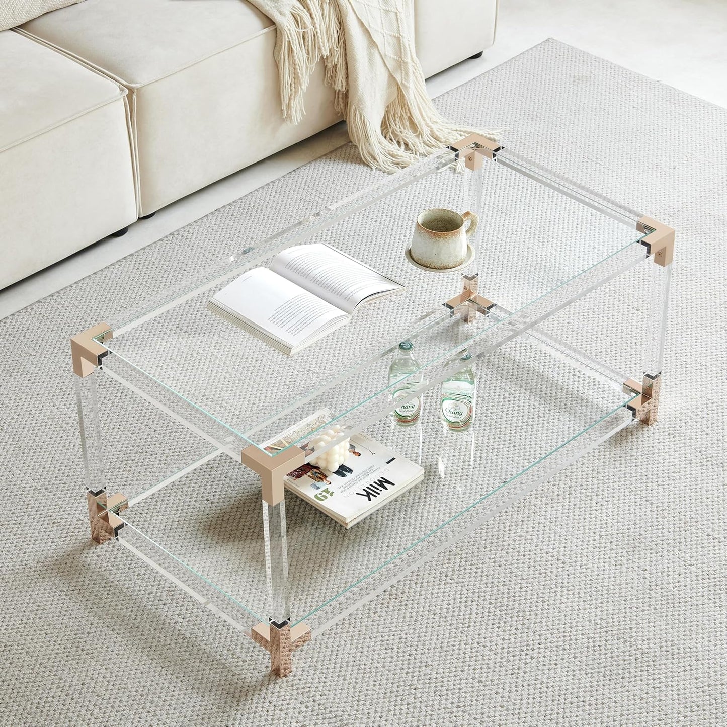 Saint Mossi Glass Coffee Table Living Room, Modern Double Layer Glass Living Table for Living Space, L41 x W21 x H16, Clear Glass Top, Clear Acrylic Leg & Rose Gold Frame