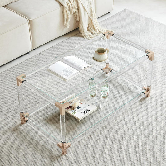 Saint Mossi Glass Coffee Table Living Room, Modern Double Layer Glass Living Table for Living Space, L41 x W21 x H16, Clear Glass Top, Clear Acrylic Leg & Rose Gold Frame