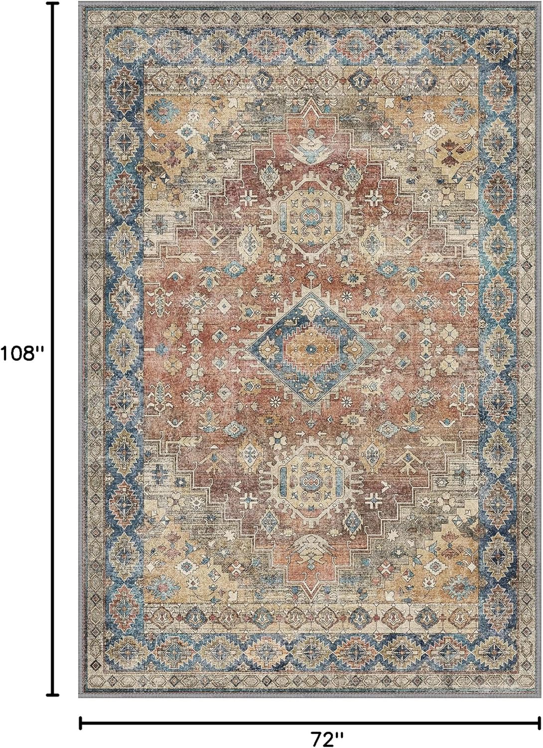 GENIMO 6x9 Area Rugs for Living Room, Machine Washable Non Slip Vintage Rugs, Low Pile Lightweight Chenille Print Rug for Bedroom, Dining Room, Home Office, Antique Red