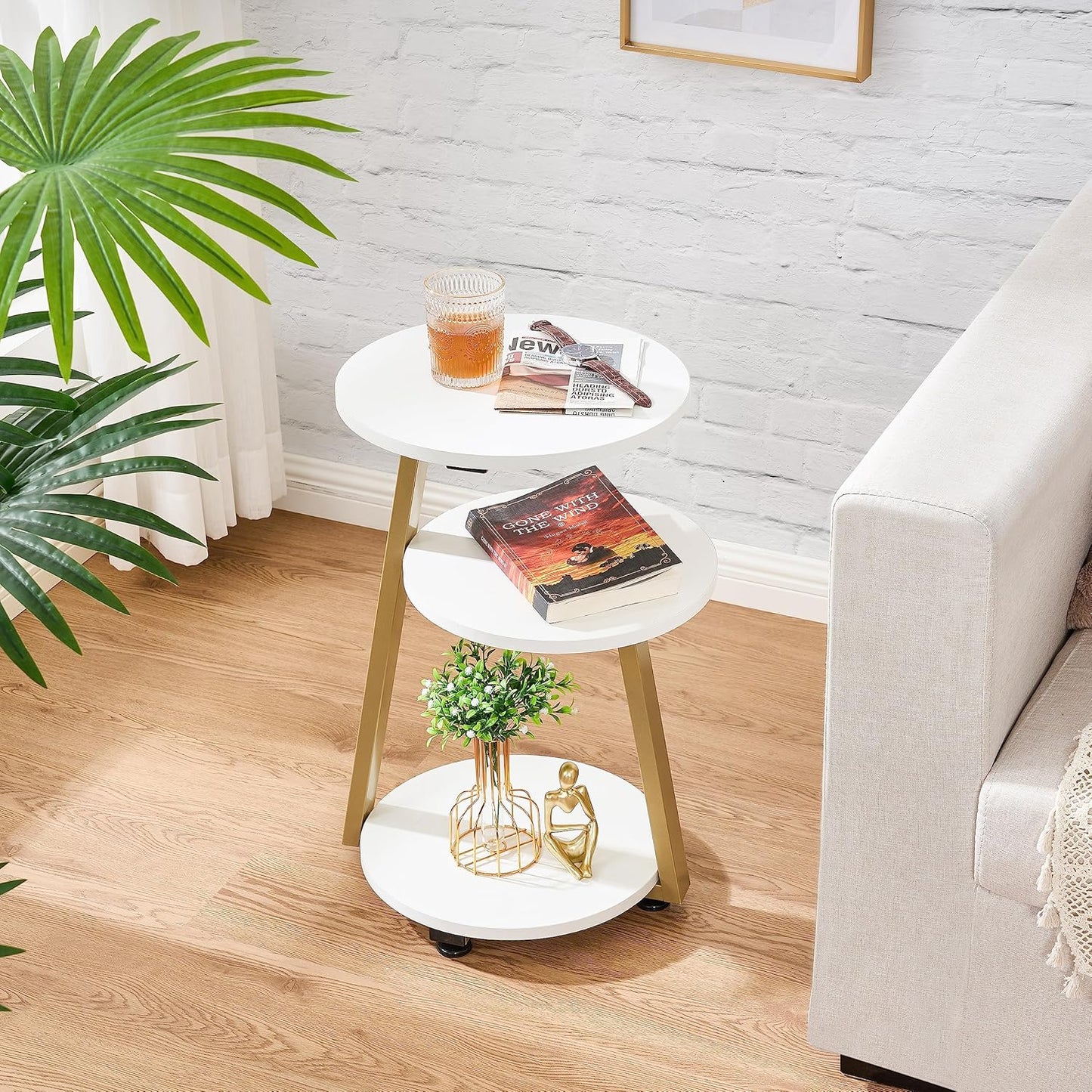 BEWISHOME Round End Table Side Table with Metal Frame, Accent Bedside Table Nightstand with 3-Tier Shelves, Small Couch Table for Living Room Bedroom White Gold KTZ41M