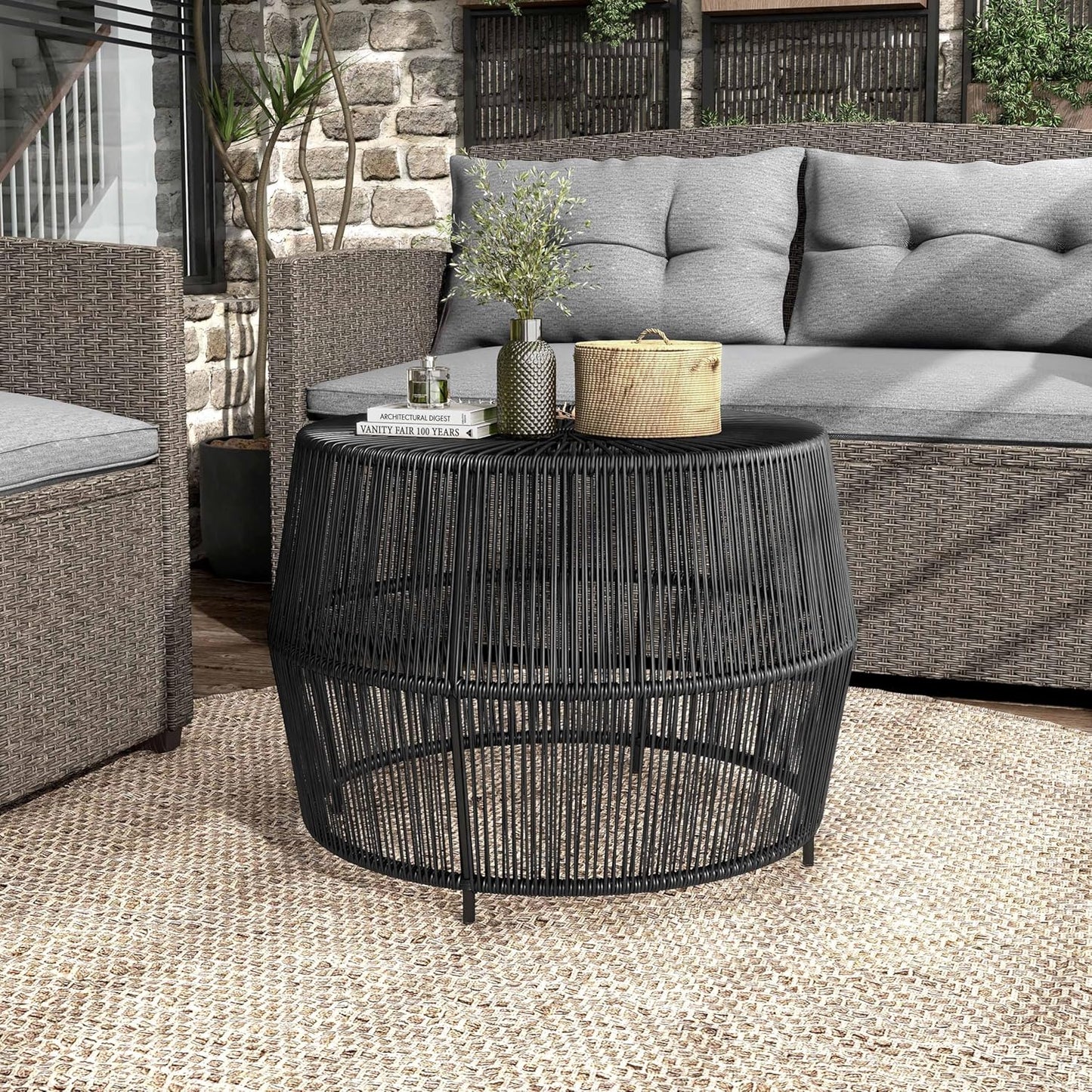 Muse & Lounge Co. Ysar Boho Rattan Round Coffee Table Outdoor with Metal Frame, All-Weather and Rust Resistant, Handcrafted Coastal Furniture for Patio, Poolside, Garden, Yard, Black