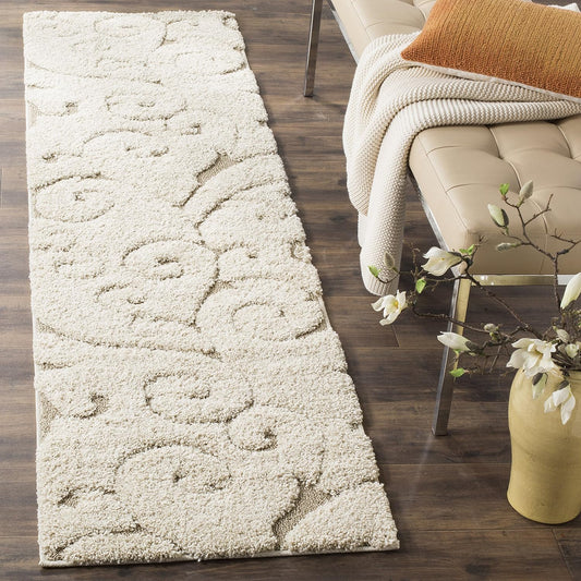 SAFAVIEH Florida Shag Collection Runner Rug - 2'3" x 8', Cream & Beige, Scroll Design, Non-Shedding & Easy Care, 1.2-inch Thick Ideal for High Traffic Areas in Living Room, Bedroom (SG455-1113)