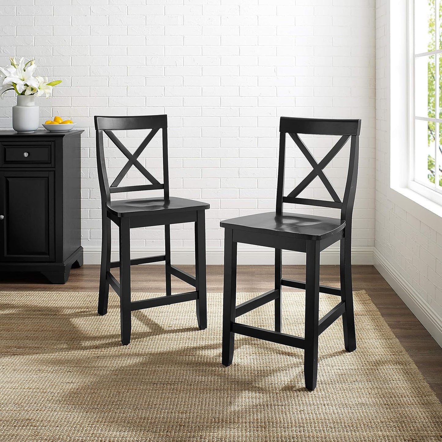 Crosley Furniture X-Back Wood Counter Height Bar Stools Set of 2, Black, 24-inch
