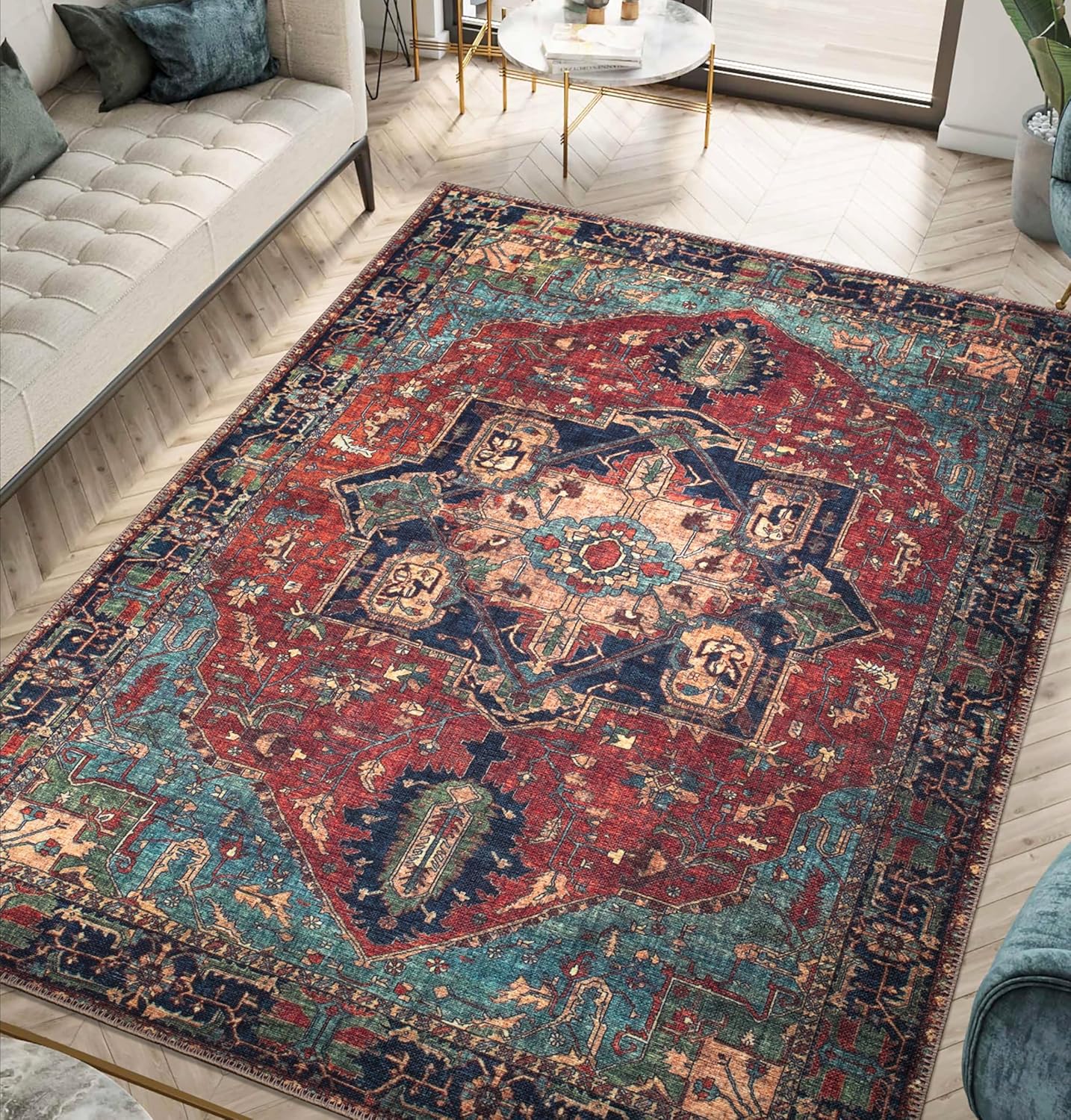 Keen Home Design 6x9 Rug - Machine Washable Area Rug with Non-Slip Backing, Ideal for Living Room, Dining Room, Bedroom - Vintage, Easy Clean, Durable, Low Pile Rug - (6' x 9')