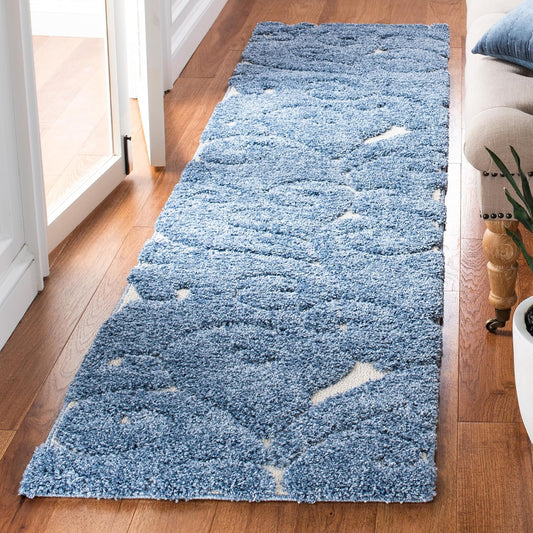 SAFAVIEH Florida Shag Collection Runner Rug - 2'3" x 9', Light Blue & Cream, Scroll Design, Non-Shedding & Easy Care, 1.2-inch Thick Ideal for High Traffic Areas in Living Room, Bedroom (SG455-6011)