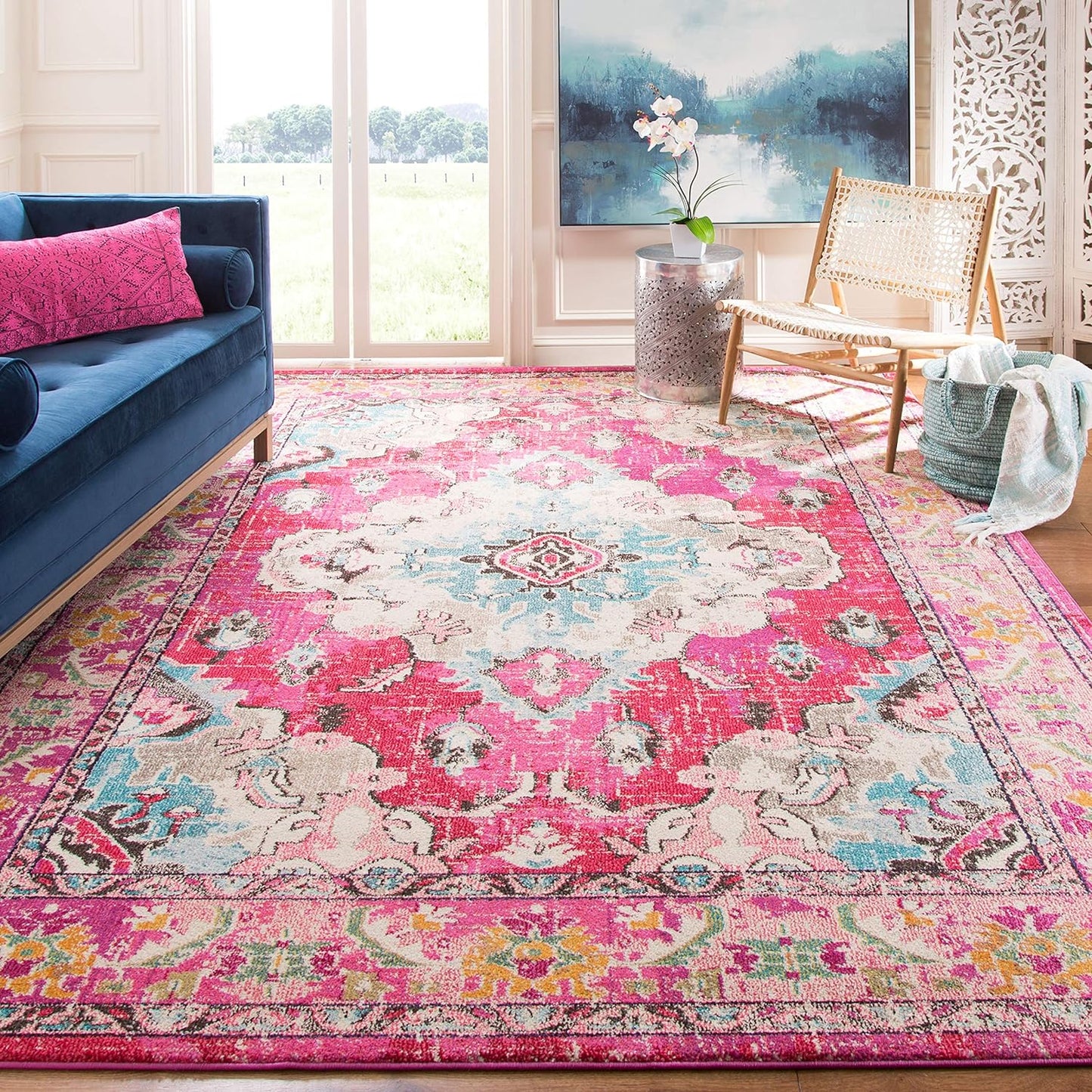 SAFAVIEH Monaco Collection Area Rug - 5' Square, Pink & Multi, Boho Chic Medallion Distressed Design, Non-Shedding & Easy Care, Ideal for High Traffic Areas in Living Room, Bedroom (MNC243D)