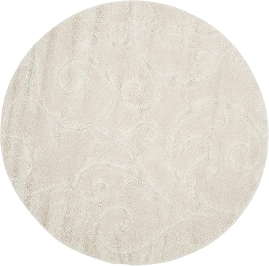 SAFAVIEH Florida Shag Collection Area Rug - 5' Round, Creme & Creme, Scroll Design, Non-Shedding & Easy Care, 1.2-inch Thick Ideal for High Traffic Areas in Living Room, Bedroom (SG455-1111)