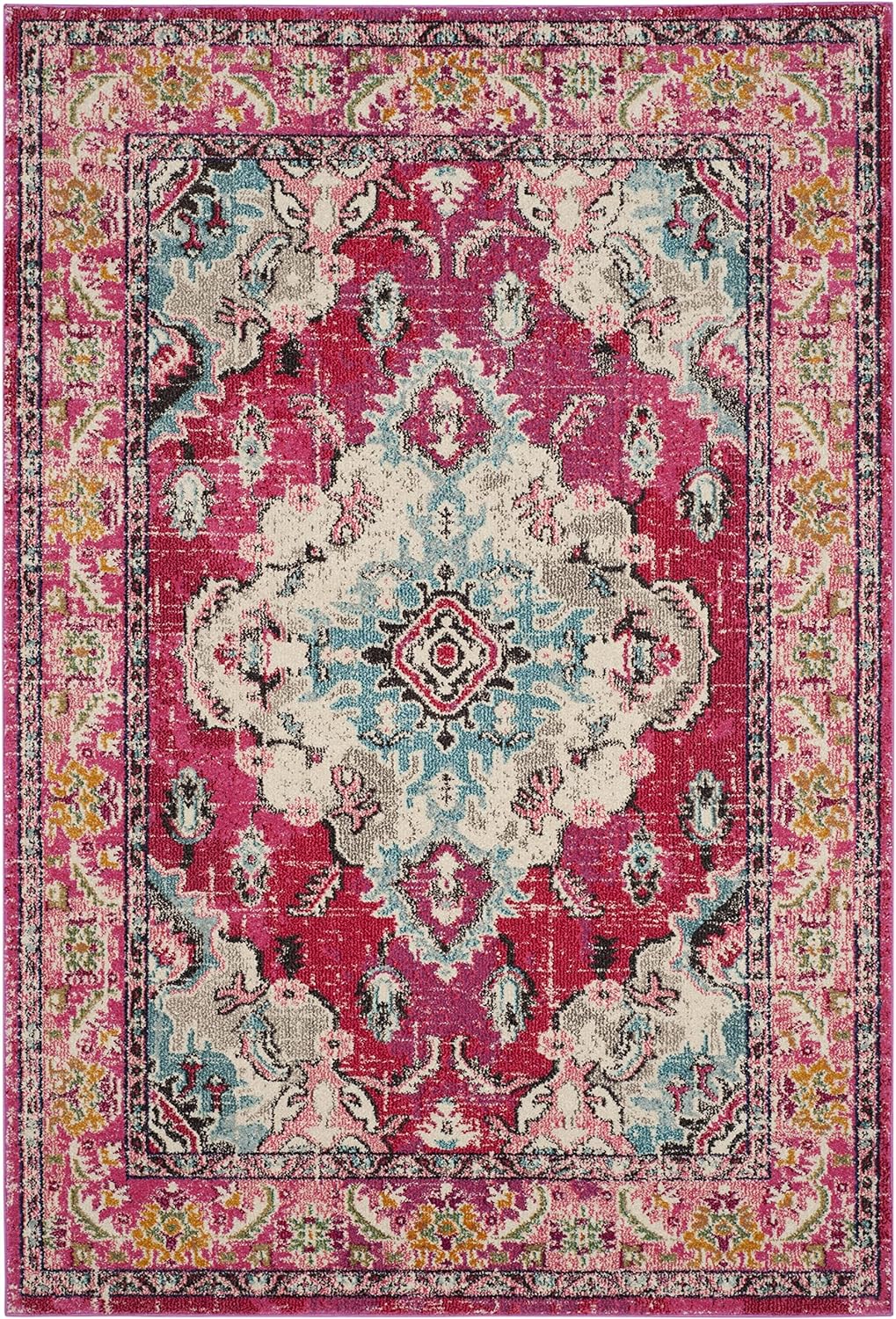 SAFAVIEH Monaco Collection Accent Rug - 4' x 5'7", Pink & Multi, Boho Medallion Distressed Design, Non-Shedding & Easy Care, Ideal for High Traffic Areas in Entryway, Living Room, Bedroom (MNC243D)