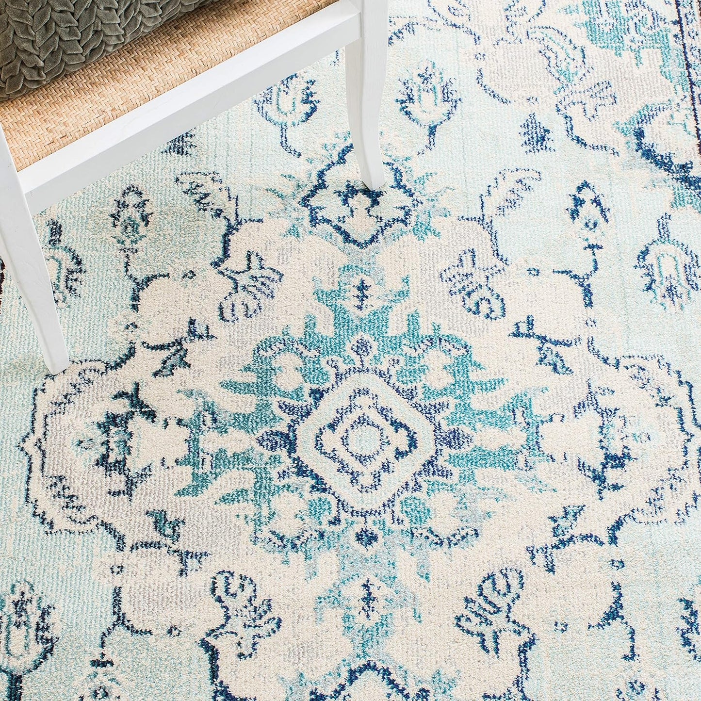 SAFAVIEH Monaco Collection Area Rug - 9' x 12', Light Blue & Ivory, Boho Chic Medallion Distressed Design, Non-Shedding & Easy Care, Ideal for High Traffic Areas in Living Room, Bedroom (MNC243K)
