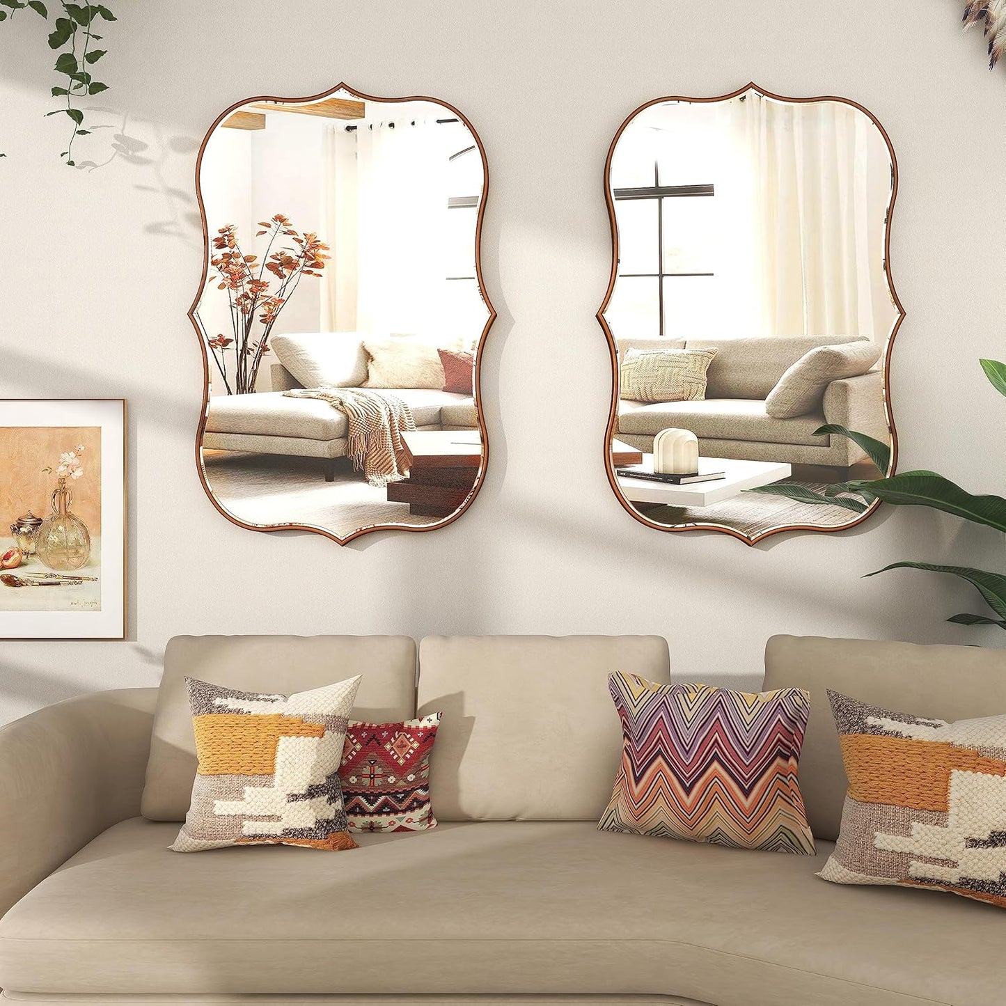 SHYFOY Antique Gold Mirrors for Wall Decor Decorative Wall Mirror Large 25" L x 36" W, Asymmetrical Wavy Accent Mirror with Scalloped Wood Frame, Bronze Farmhouse Traditional Mirror