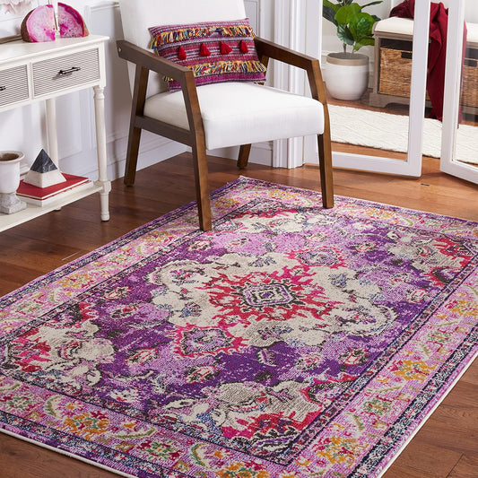 SAFAVIEH Monaco Collection Accent Rug - 4' x 5'7", Violet & Fuchsia, Medallion Distressed Design, Non-Shedding & Easy Care, Ideal for High Traffic Areas in Entryway, Living Room, Bedroom (MNC243P)