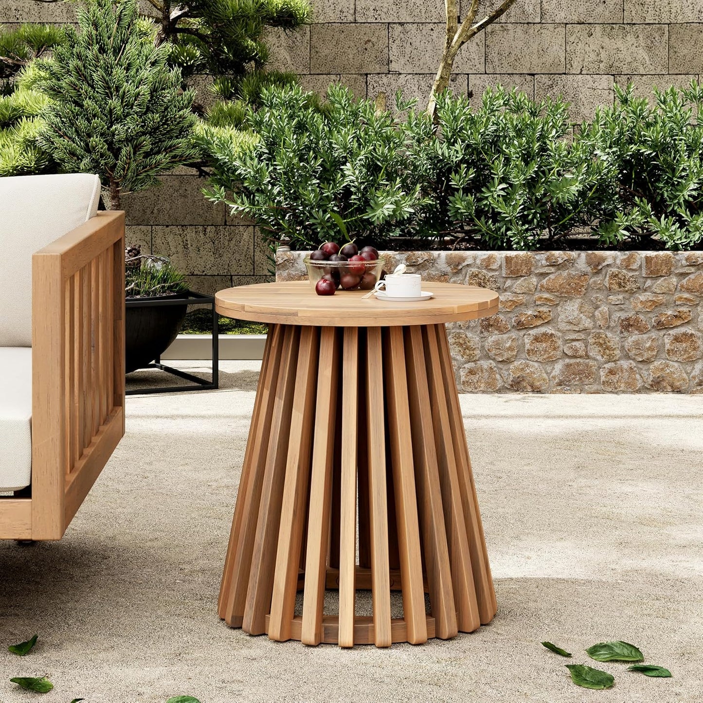 Christopher Knight Home Taki Acacia Wood Patio Coffee Table, Round Table with Unique Wooden Base for Backyard, Stylish Indoor/Outdoor Table, Easy Assembly, Space Saving Outdoor Furniture, Light Teak