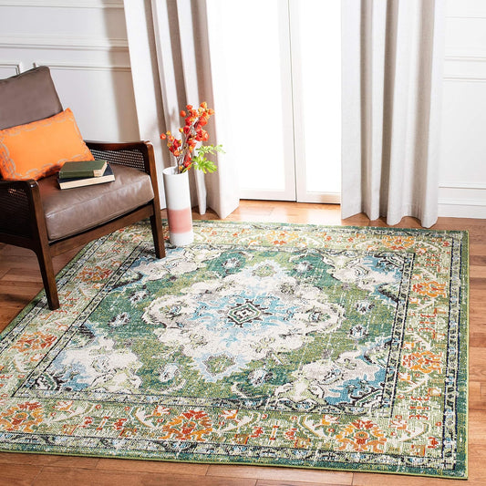 SAFAVIEH Monaco Collection Area Rug - 3' Square, Forest Green & Light Blue, Medallion Distressed Design, Non-Shedding & Easy Care, Ideal for High Traffic Areas in Living Room, Bedroom (MNC243F)