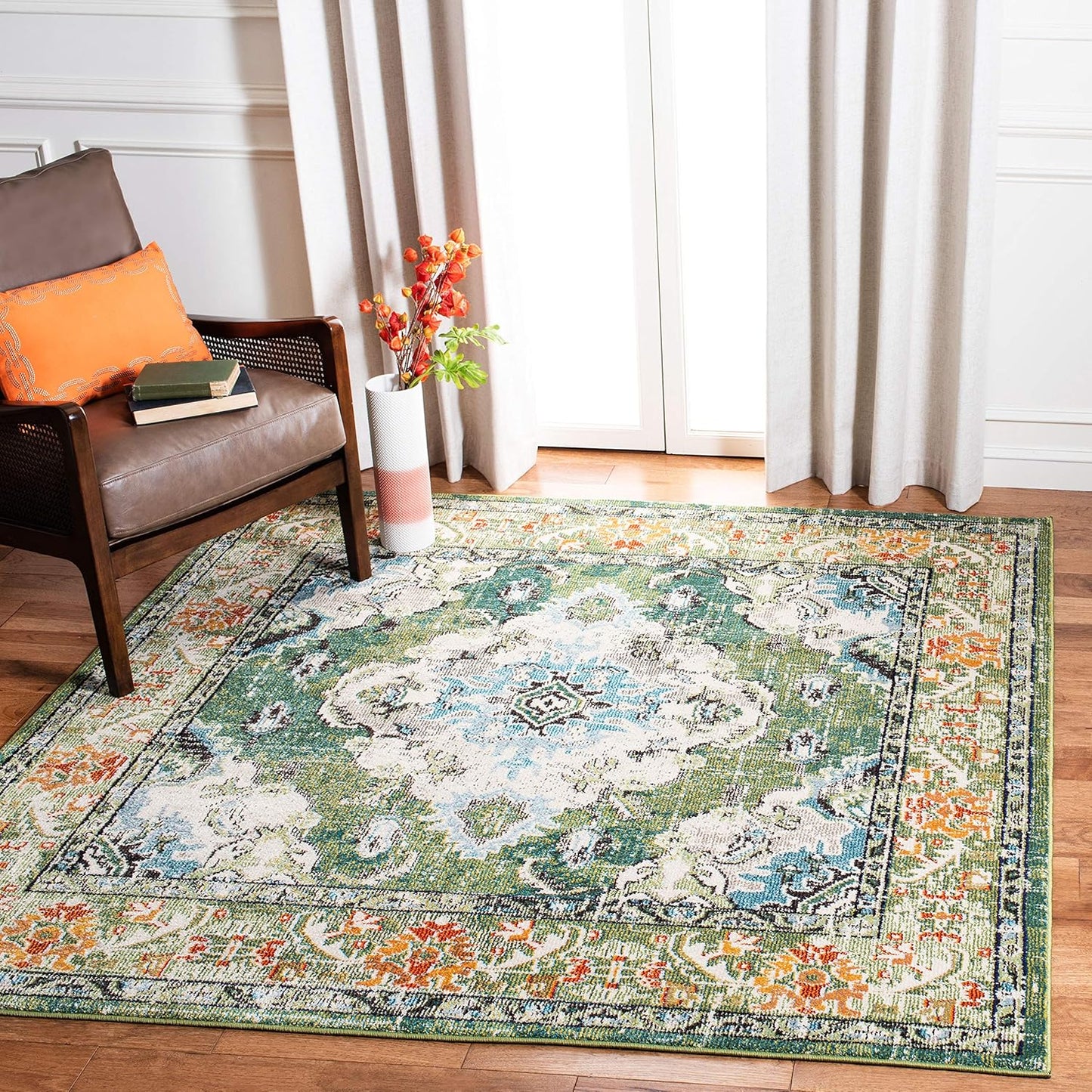 SAFAVIEH Monaco Collection Area Rug - 8' Square, Forest Green & Light Blue, Medallion Distressed Design, Non-Shedding & Easy Care, Ideal for High Traffic Areas in Living Room, Bedroom (MNC243F)