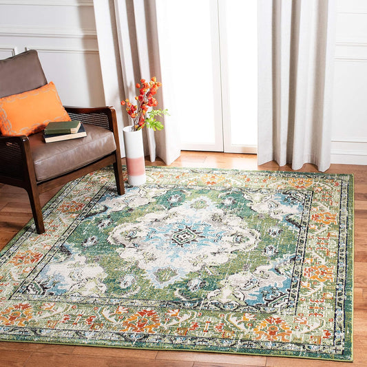 SAFAVIEH Monaco Collection Area Rug - 8' Square, Forest Green & Light Blue, Medallion Distressed Design, Non-Shedding & Easy Care, Ideal for High Traffic Areas in Living Room, Bedroom (MNC243F)