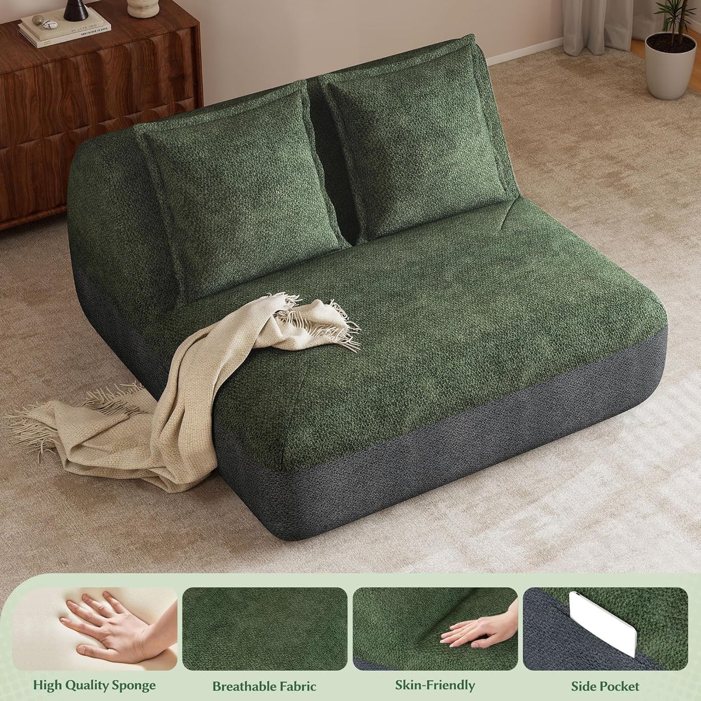 Hobestluk Small Sofa Small Couches for Living Room, Comfy Memory Foam Couch, Mini Sofa with Side Pocket for Living Room, Bedroom (Grey+Green)