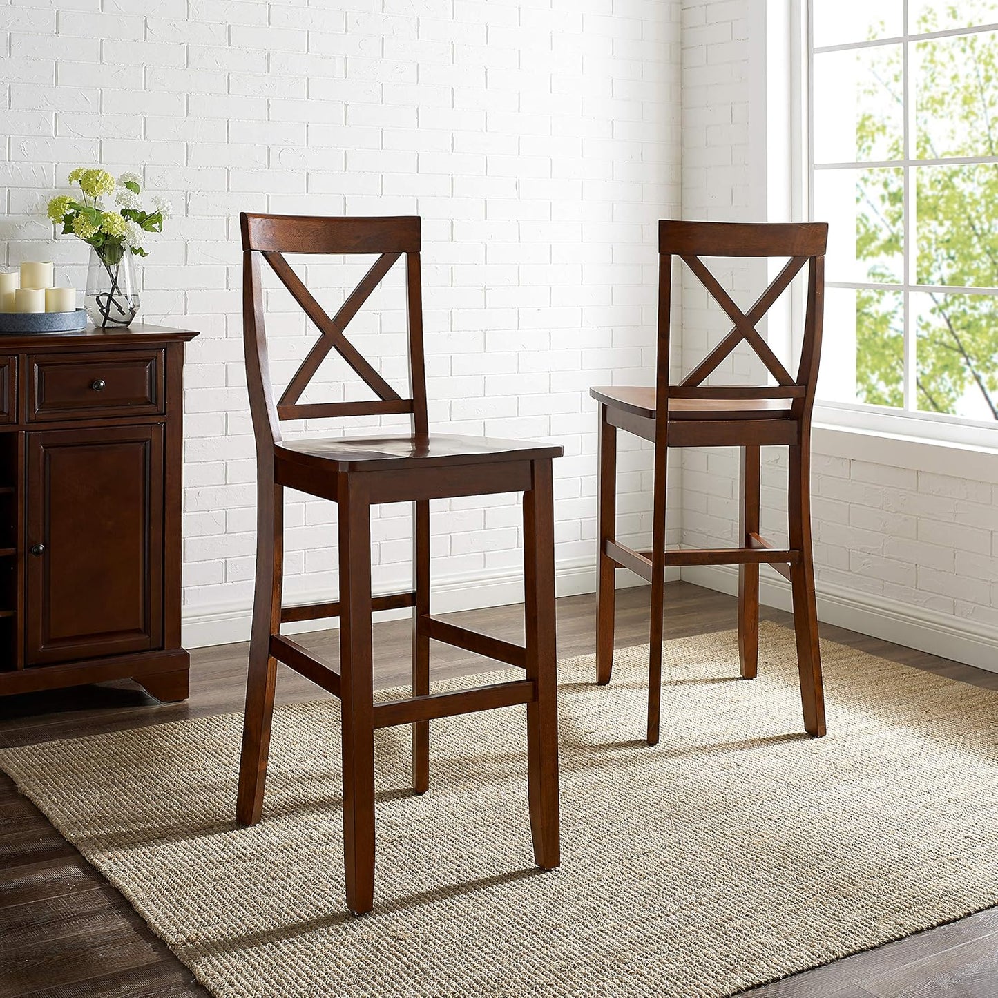 Crosley Furniture X-Back Wood Bar Stools Set of 2, Vintage Mahogany, 30-inch