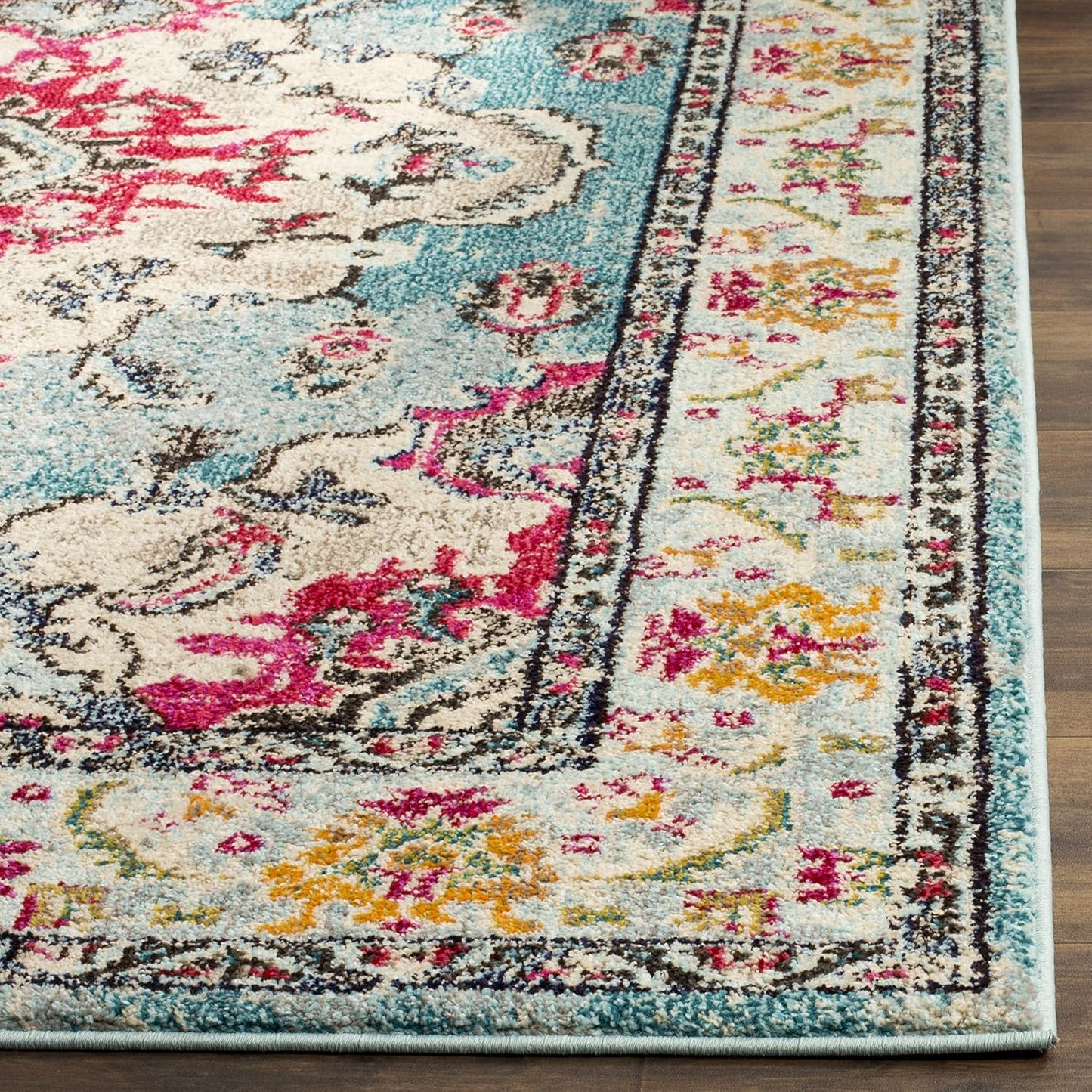 SAFAVIEH Monaco Collection Area Rug - 5'1" x 7'7", Light Blue & Fuchsia, Boho Chic Medallion Distressed Design, Non-Shedding & Easy Care, Ideal for High Traffic Areas in Living Room, Bedroom (MNC243J)