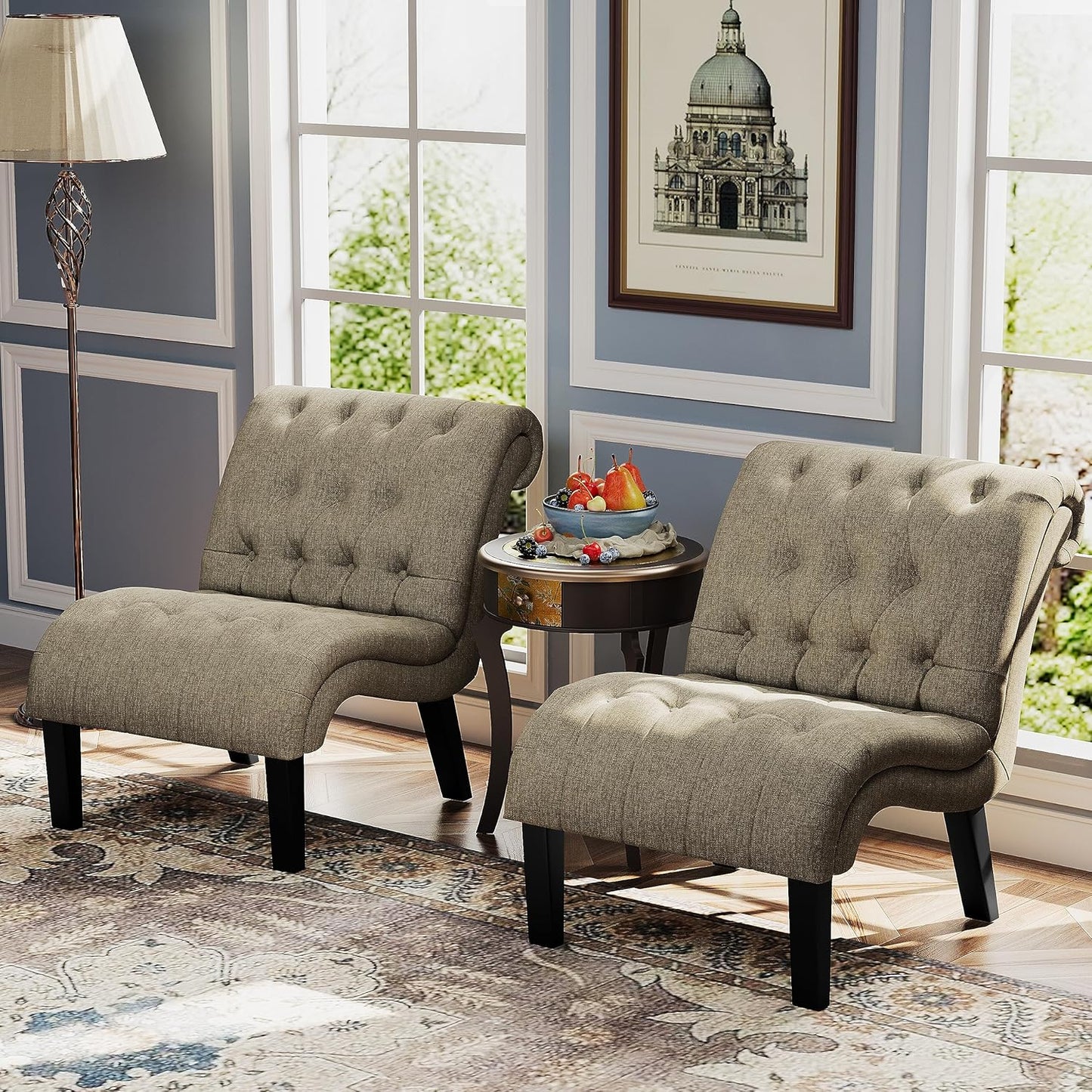 Yongqiang Accent Chairs Set of 2 Modern Armless Living Room Bedroom Side Chairs Button Tufted Upholstered Leisure Chair with Wood Legs