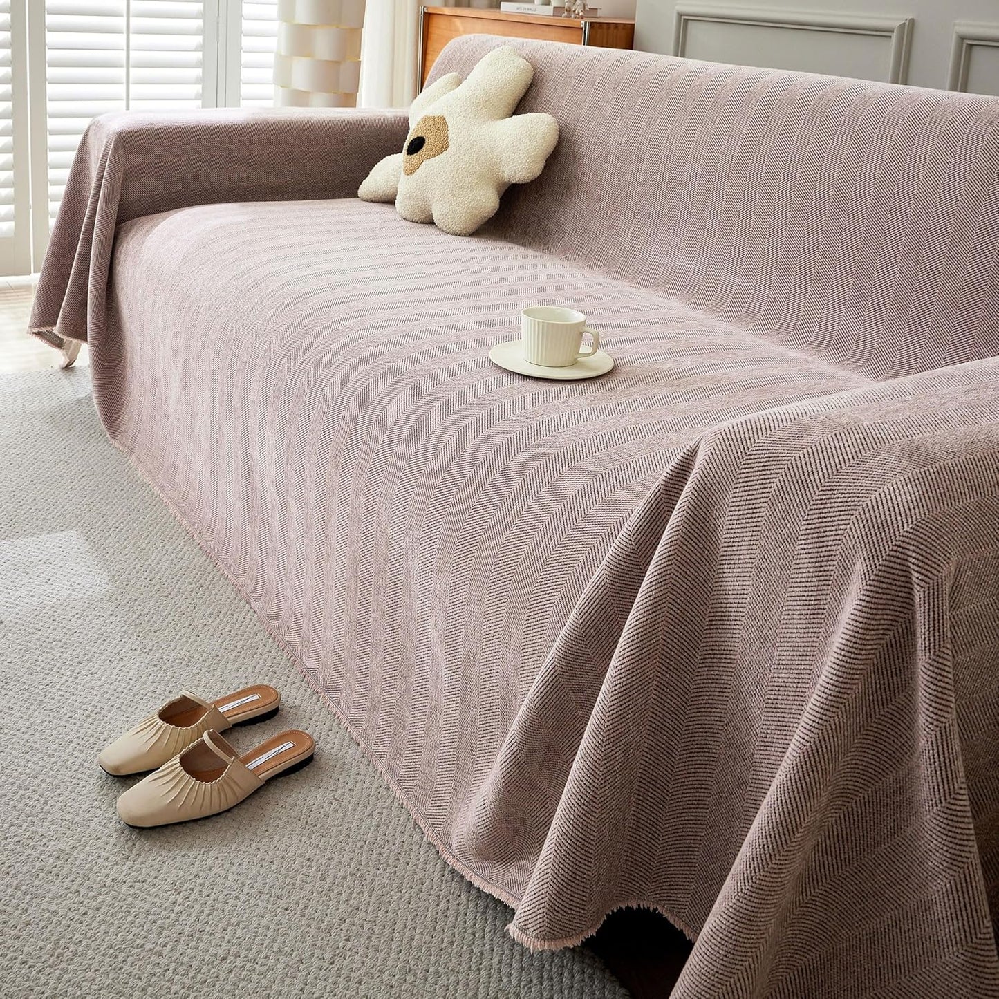 STACYPIK Thick Pink Geometric Sofa Covers for 3 Cushion Couch Reversible Herringbone Dogs Couch Covers0 Pet Scratch Protector Blanket for Living Room Chenille Cushion Covers with Tassel-91X150IN