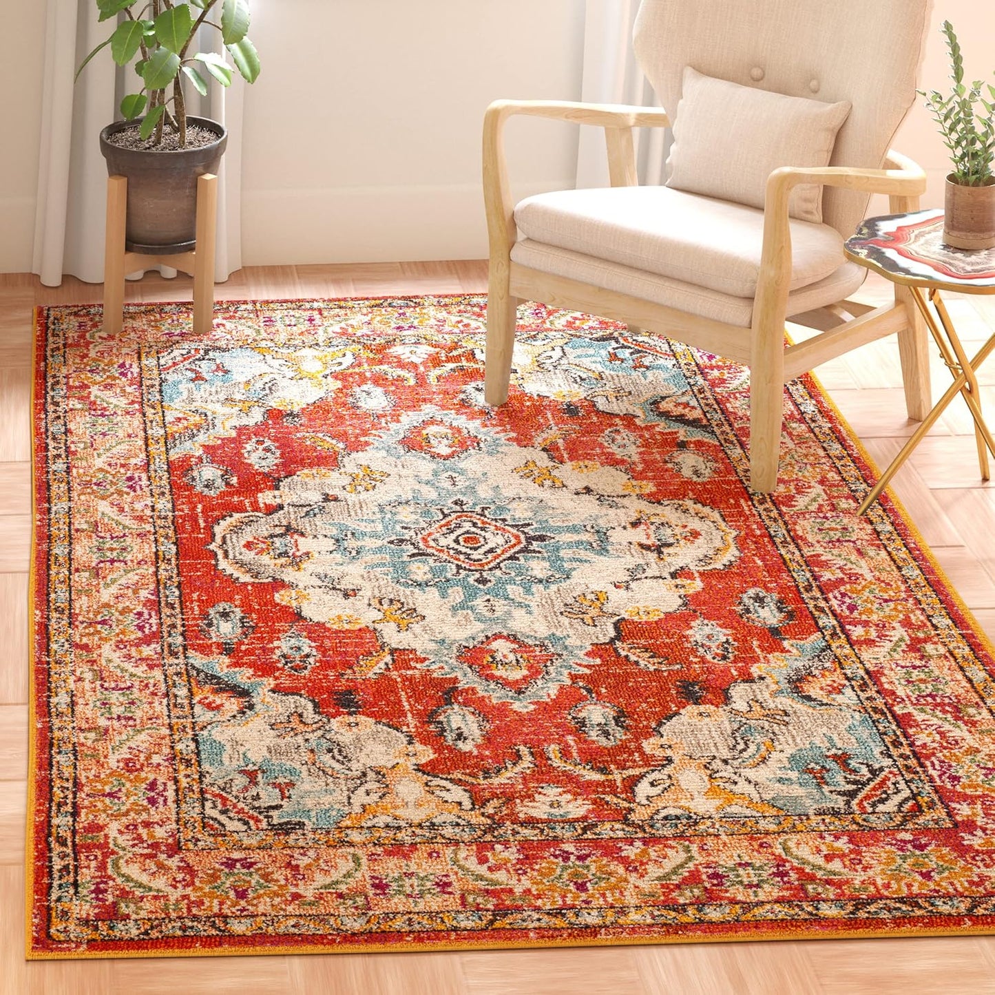 SAFAVIEH Monaco Collection Area Rug - 4' Square, Orange & Light Blue, Boho Chic Medallion Distressed Design, Non-Shedding & Easy Care, Ideal for High Traffic Areas in Living Room, Bedroom (MNC243H)