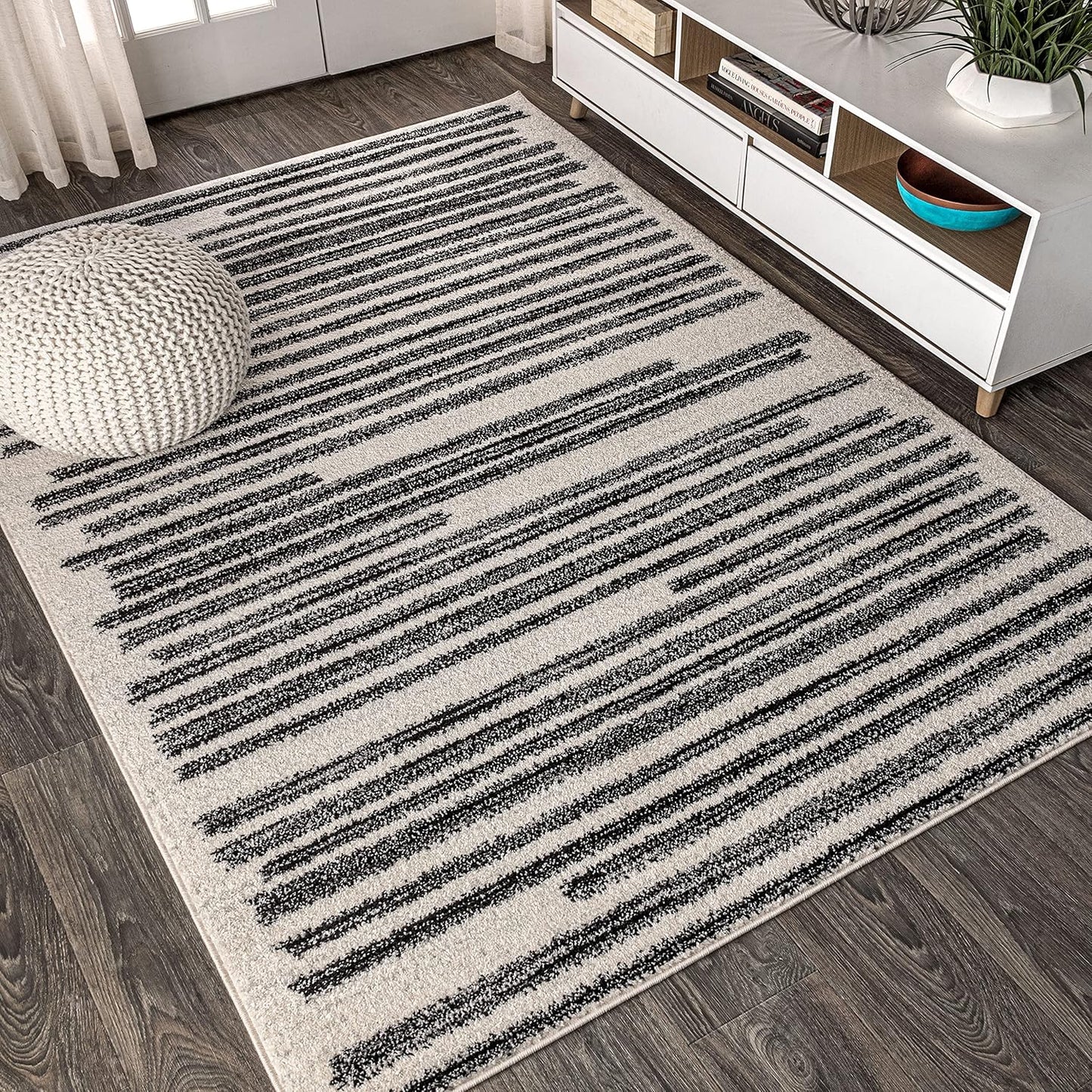 JONATHAN Y Khalil Modern Berber Stripe Cream/Black Indoor Area Rug, 8x10, Contemporary, Bohemian, Easy-Cleaning for Living Room, Bedroom, Kitchen, Pet Friendly, Non-Shedding (MOH207A-8)