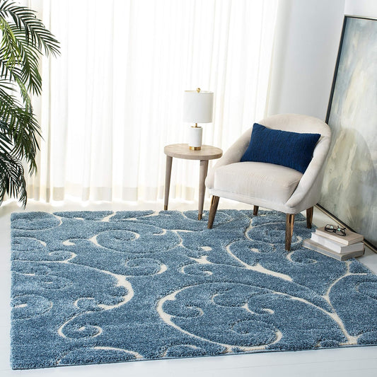 SAFAVIEH Florida Shag Collection Area Rug - 6'7" Square, Light Blue & Cream, Scroll Design, Non-Shedding & Easy Care, 1.2-inch Thick Ideal for High Traffic Areas in Living Room, Bedroom (SG455-6011)