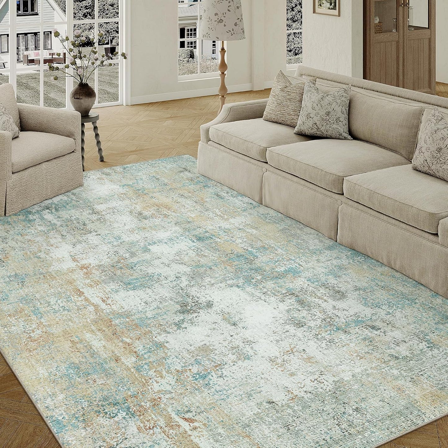 5x7 Washable Area Rug Teal Beige Modern Neutral Abstract Living Room Bedroom Indoor Floor Carpet Low Pile Soft Non-Slip Lightweight Vacuumable Throw Rug for Kitchen Nursery Dining Room