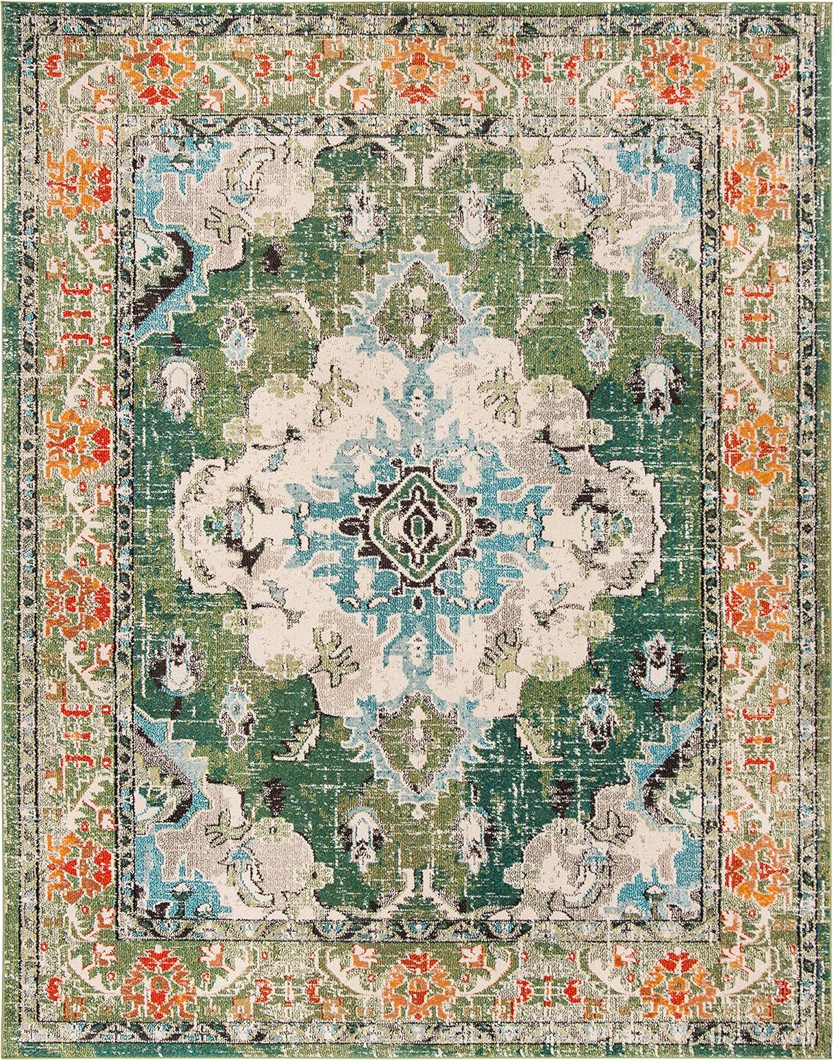 SAFAVIEH Monaco Collection Area Rug - 6'7" x 9'2", Forest Green & Light Blue, Medallion Distressed Design, Non-Shedding & Easy Care, Ideal for High Traffic Areas in Living Room, Bedroom (MNC243F)