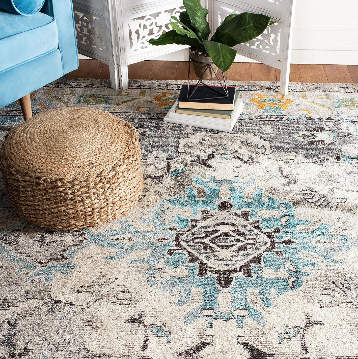 SAFAVIEH Monaco Collection Area Rug - 6'7" Square, Grey & Light Blue, Boho Chic Medallion Distressed Design, Non-Shedding & Easy Care, Ideal for High Traffic Areas in Living Room, Bedroom (MNC243G)