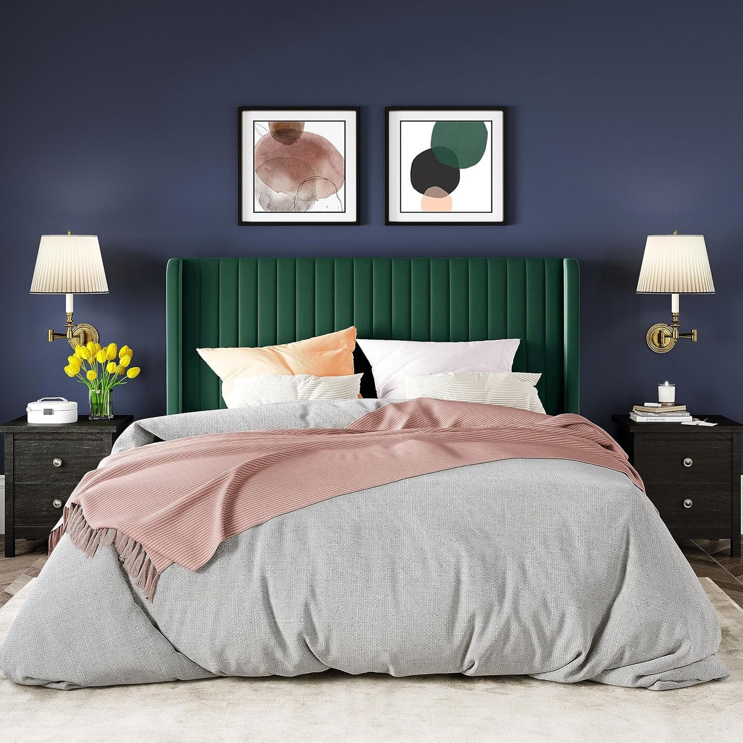 Allewie Full Size Bed Frame/Velvet Upholstered Platform Bed/Vertical Channel Tufted Wingback Headboard/Strong Wooden Slats/No Box Spring Needed/Easy Assembly/Green