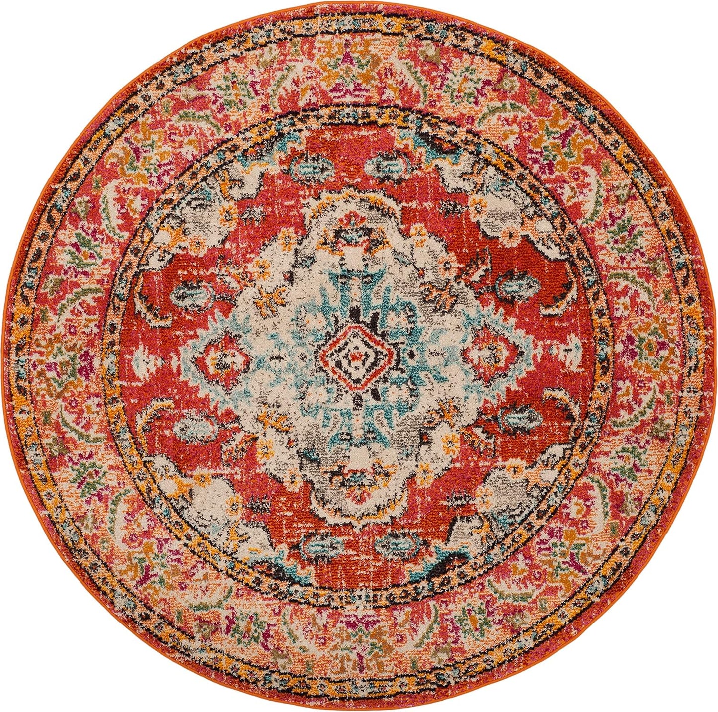 SAFAVIEH Monaco Collection Area Rug - 8'8" Round, Orange & Light Blue, Boho Chic Medallion Distressed Design, Non-Shedding & Easy Care, Ideal for High Traffic Areas in Living Room, Bedroom (MNC243H)