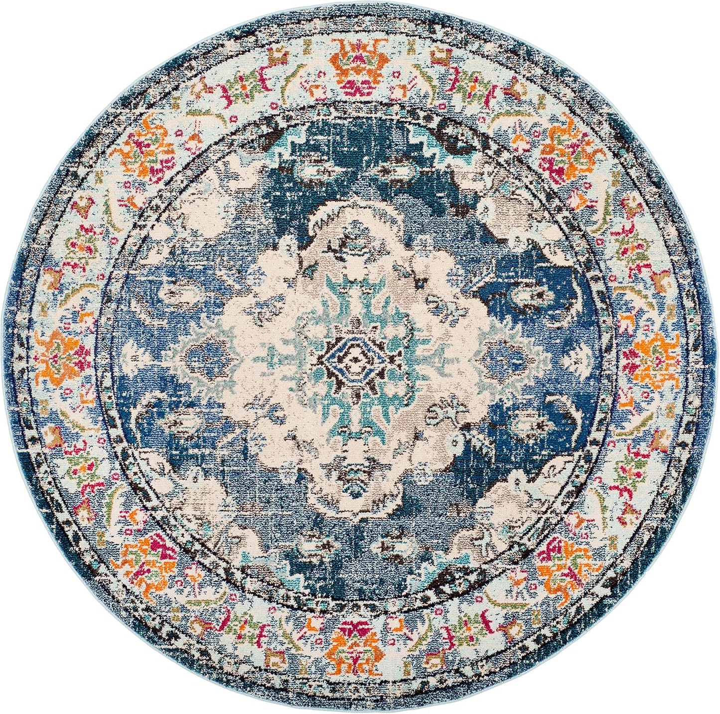 SAFAVIEH Monaco Collection Area Rug - 10' Round, Navy & Light Blue, Boho Chic Medallion Distressed Design, Non-Shedding & Easy Care, Ideal for High Traffic Areas in Living Room, Bedroom (MNC243N)
