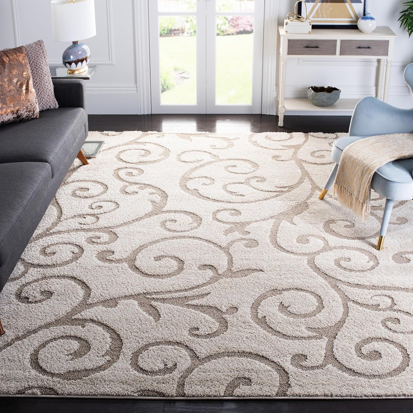 SAFAVIEH Florida Shag Collection Area Rug - 8' x 10', Ivory & Beige, Scroll Design, Non-Shedding & Easy Care, 1.2-inch Thick Ideal for High Traffic Areas in Living Room, Bedroom (SG455-13LT)