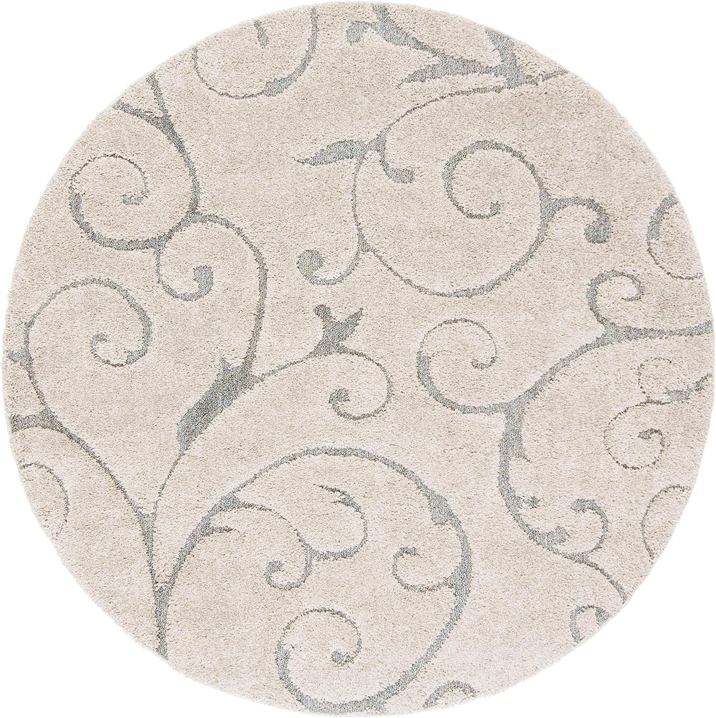 SAFAVIEH Florida Shag Collection 4' Round Beige/Blue Grey SG455 Scrolling Vine Graceful Swirl Textured Non-Shedding Living Room Bedroom Dining Room Entryway Plush 1.2-inch Thick Area Rug